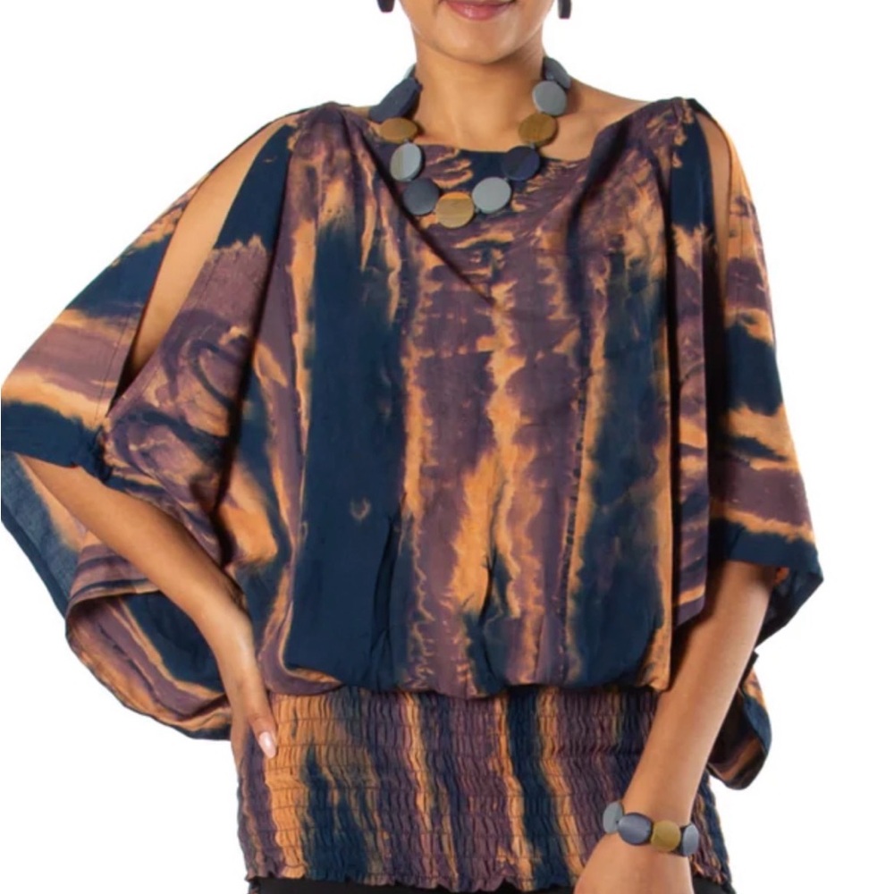 🔥126–NWT Cold Shoulder Chic Women's Tie-Dye Blouse in Navy and Orange